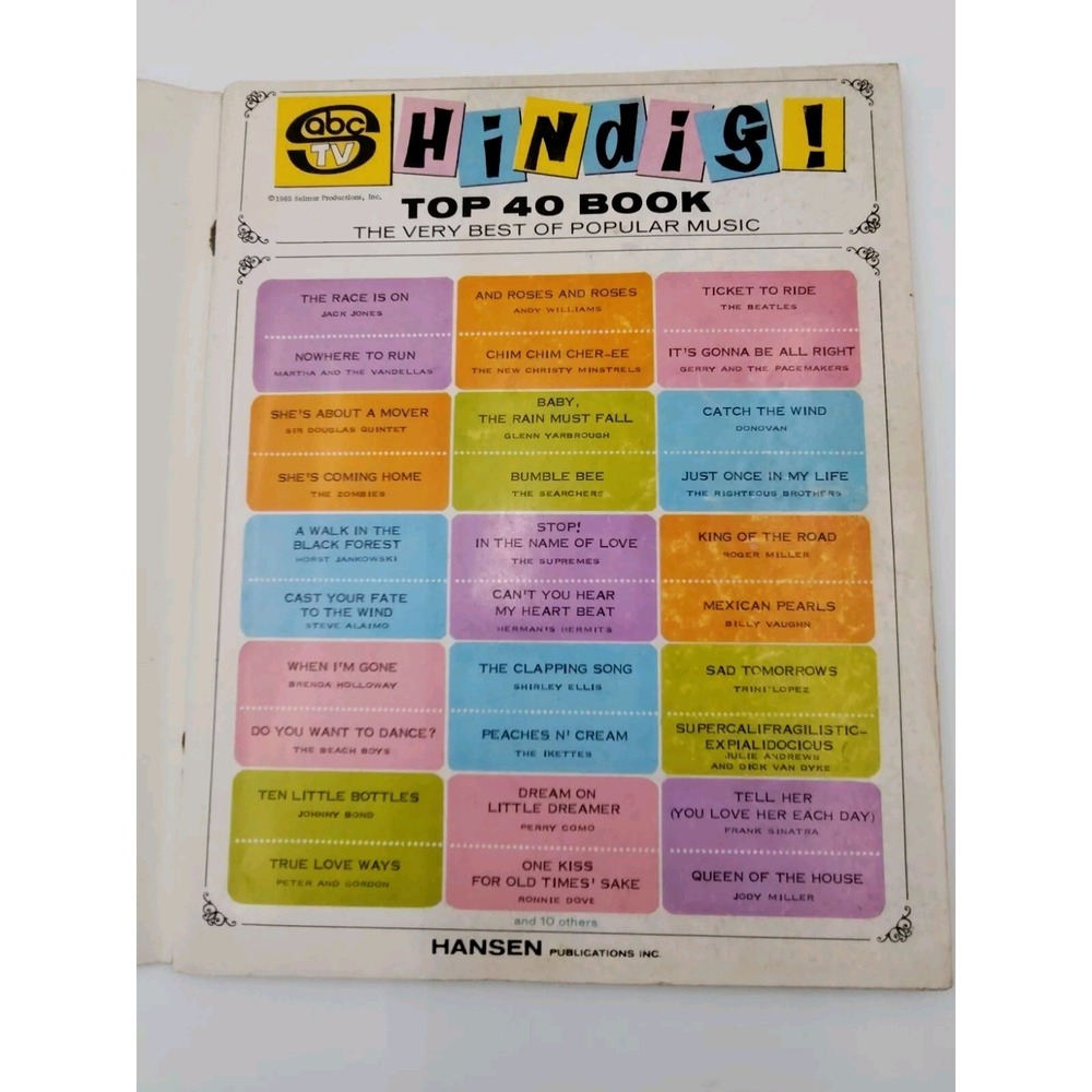 ABC‎ 1965 Popular Music SHINDIG TOP 40 BOOK Guitar Chords VTG Rare📸SEE📸